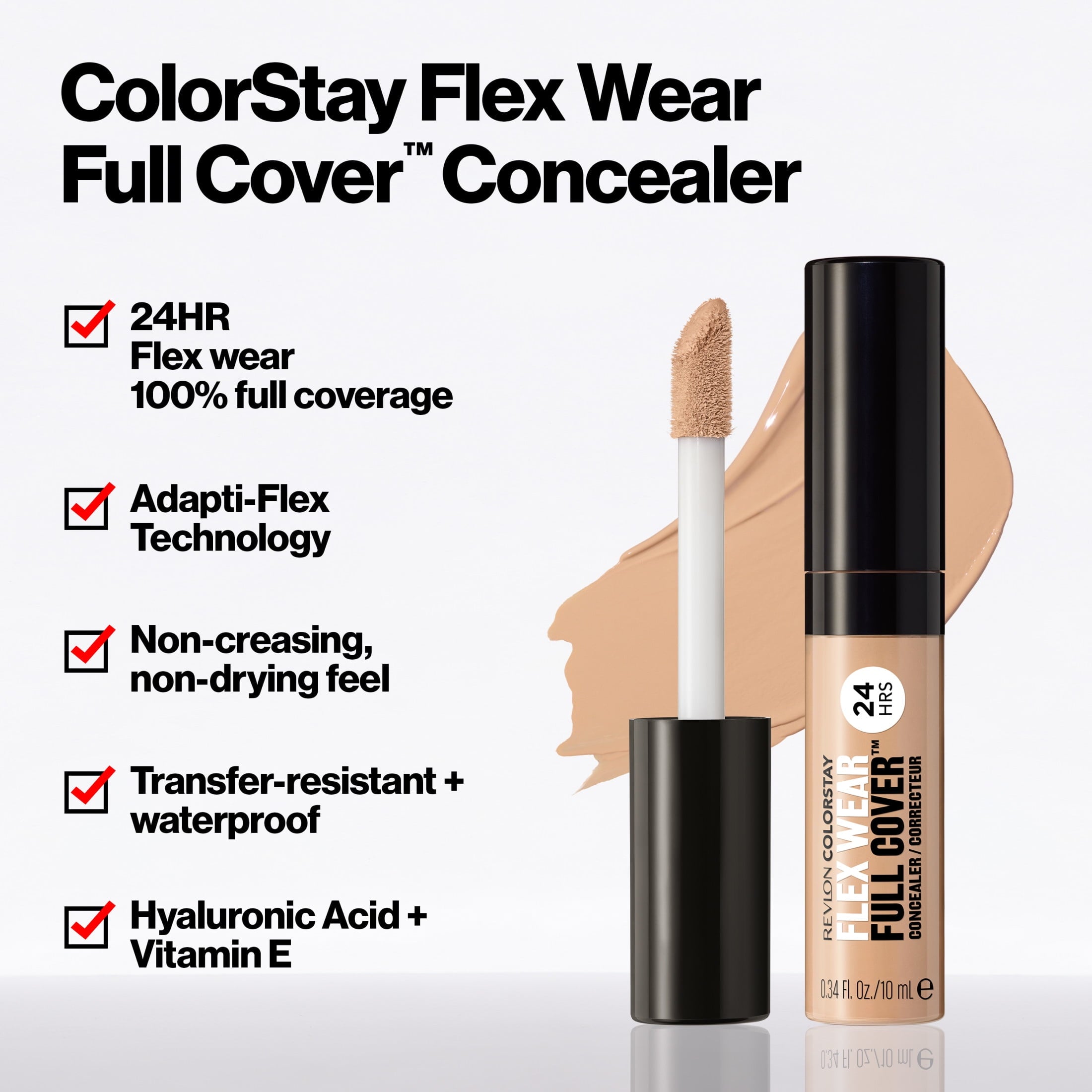 Revlon ColorStay Flex Wear Concealer, Full Coverage, 24HR Wear, 075 Hazelnut, 0.34 fl oz