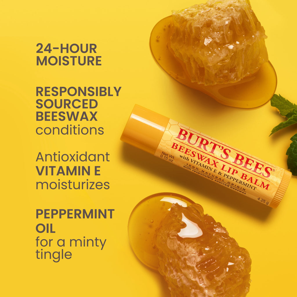 (3 pack) Burt's Bees 100% Natural Origin Moisturizing Beeswax Lip Balm, Peppermint, 1-Pack, 0.15 oz
